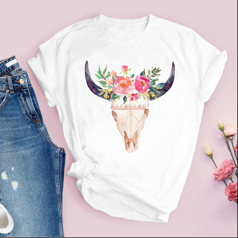 

women printing graphic bull womens t shirt heifer skull floral vintage printed cute lady tees clothing female, White