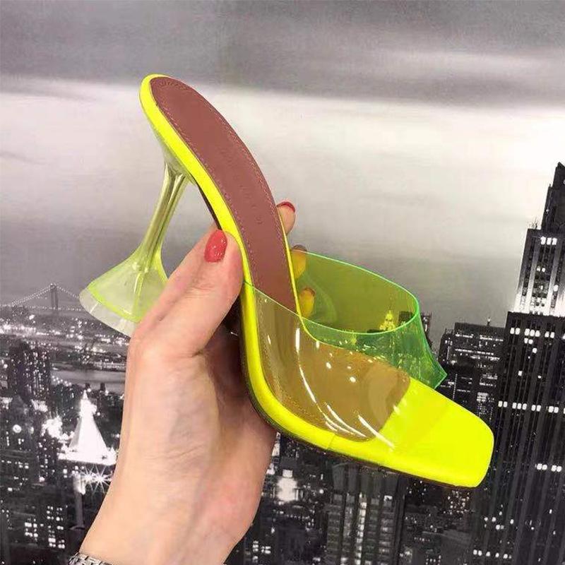 

Slippers 2021 Star Style Transparent PVC Crystal Clear Heeled Women Fashion High Heels Female Mules Slides Summer Sandals Shoes, Yellow