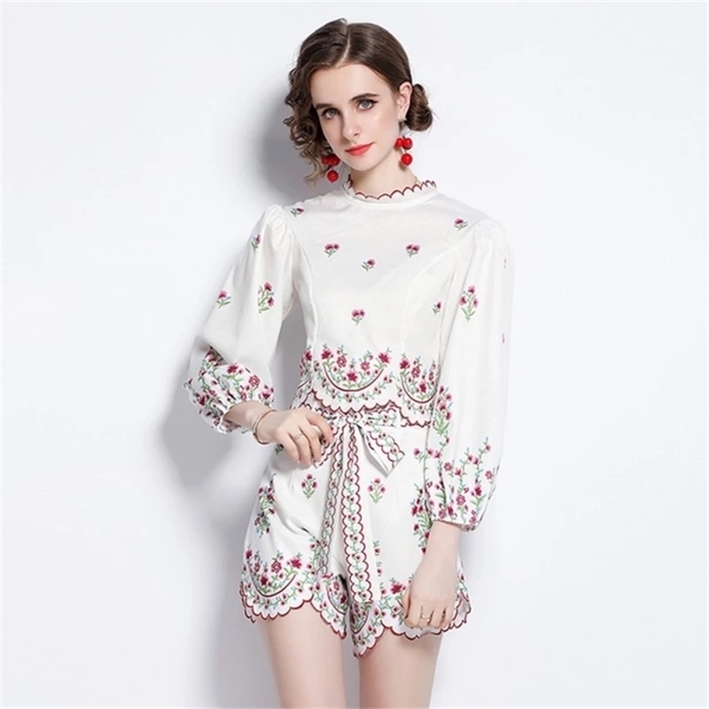 

Women's Summer Suit French Retro Stand Collar Printed Puff Sleeve Blouse+High Waist Wide Leg Shorts Sets Female 210603, Picture color