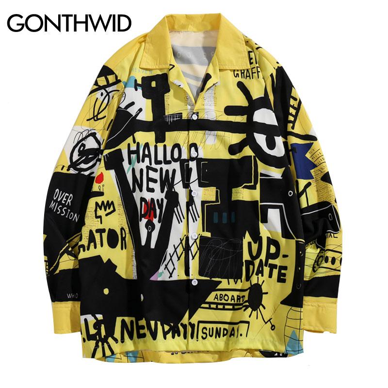 

Men's Casual Shirts GONTHWID Graffiti Print Long Sleeve Dress Streetwear Hip Hop Hipster Causal Button Up Shirt Tops 2021 Fashion Tees, Yellow