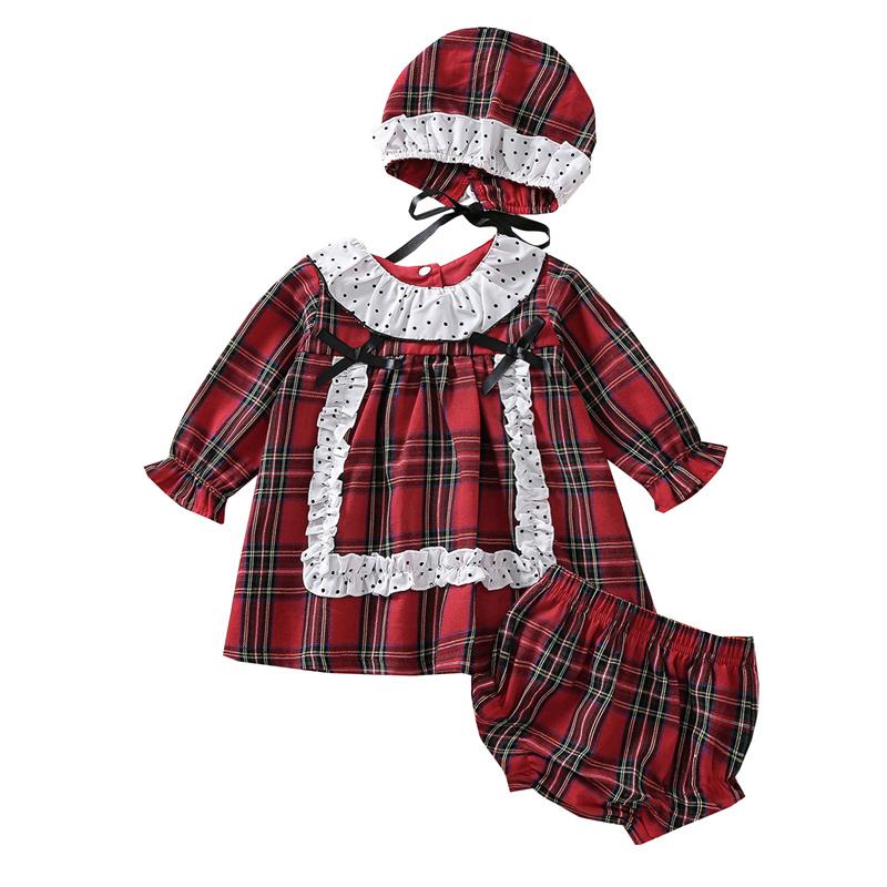 

Girl's Dresses Christmas Dress Baby Girls Clothing Dot Print Long Sleeve Round Neck Ruffle Pullover With Bowknot, Shorts, Hat, As pic