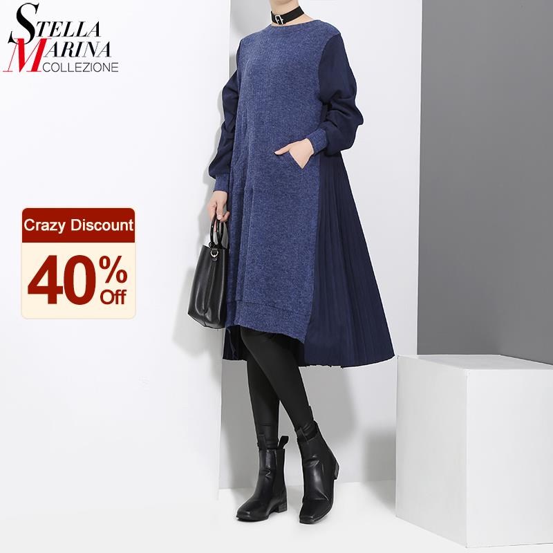 

Winter Woman Long Sleeve Blue Black Woolen Patchwork Sweater Dress Pocket Pleated Back Ladies Loose Casual Midi Dress Robe 3030, 3030 black