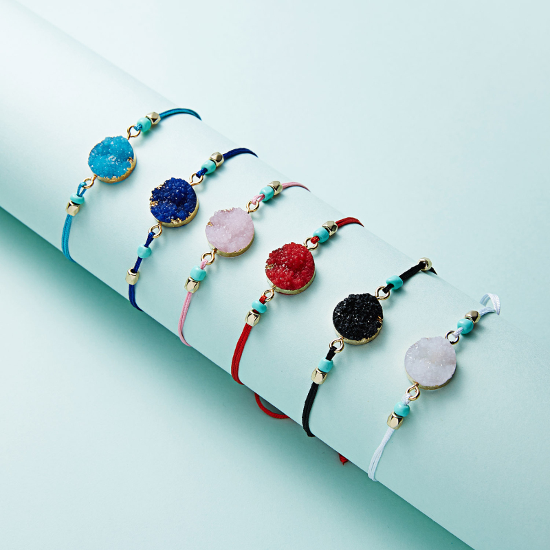 

Handmade Woven Colorful Rope Round Reisn Natural Stone Charm Bracelets Adjustable