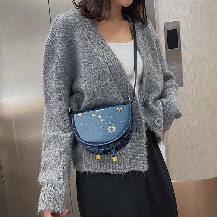 

Factory wholesale women bag simple semi-circular printed crossbody handbag retro glossy patent leather handbags street trend constellation womens shoulder bags