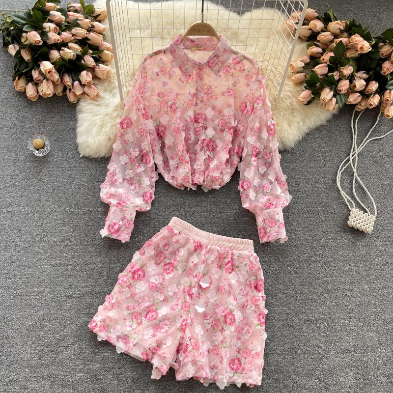 

Women's Tracksuits Sweet Chiffon 3D Flower Two Piece Set Women Long Sleeve Shirt Blouse Tops + Elastic Waist Shorts Sets Fashion Casual Pant, Gray