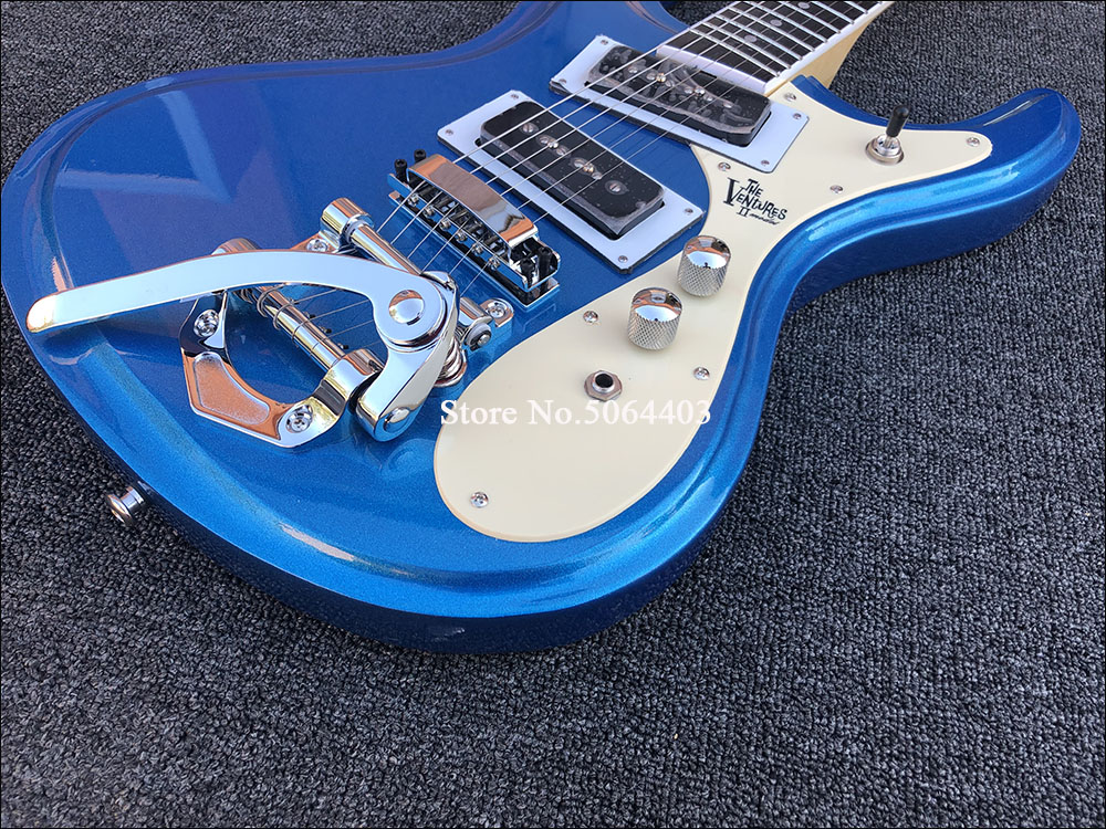 

1966 Ventures Mosrite Johnny Ramone Metallic Blue Electric Guitar Bigs Tremolo Bridge, Black P90 Pickups, Zero(0) Fret, Little Dot Inlay, Vintage Tuners