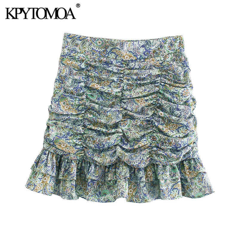 

KPYTOMOA Women Chic Fashion With Ruffled Pleated Printed Mini Skirts Vintage High Waist Back Zipper Female Skirts Mujer 210708, As picture