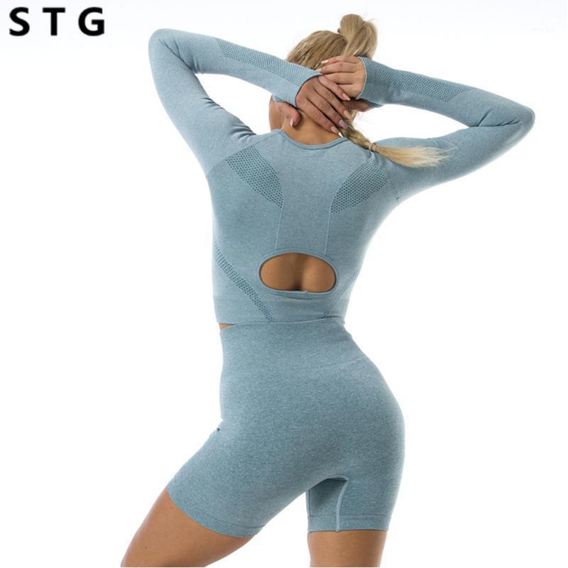 

Sexy Summer Yoga Set Women Two 2 Piece Long Sleeve Crop Top T-Shirt Tight Shorts Sportsuit Workout Outfit Gym Clothes Sport, Powder