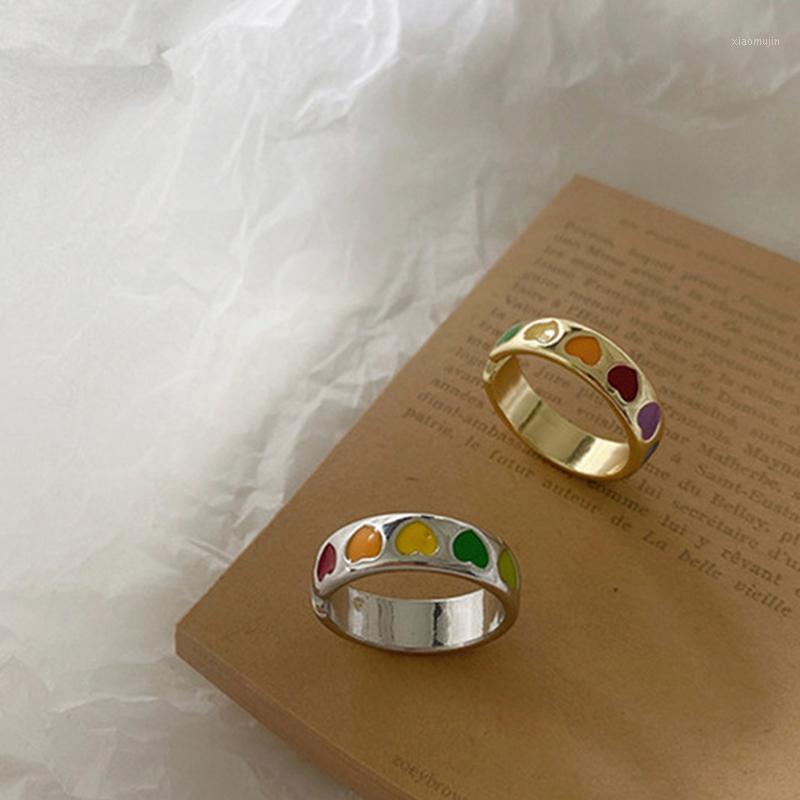 

Wedding Rings 2021 Vintage Bohemia Colorful Enamel Love Heart Ring Cute Simple Metal Gold Silver Color For Women Mood