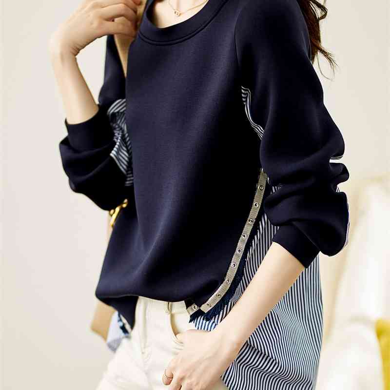 

Striped stitched shirt sweater women's 2021 autumn winter new casual aging back single breasted fashion versatile top, Navy blue