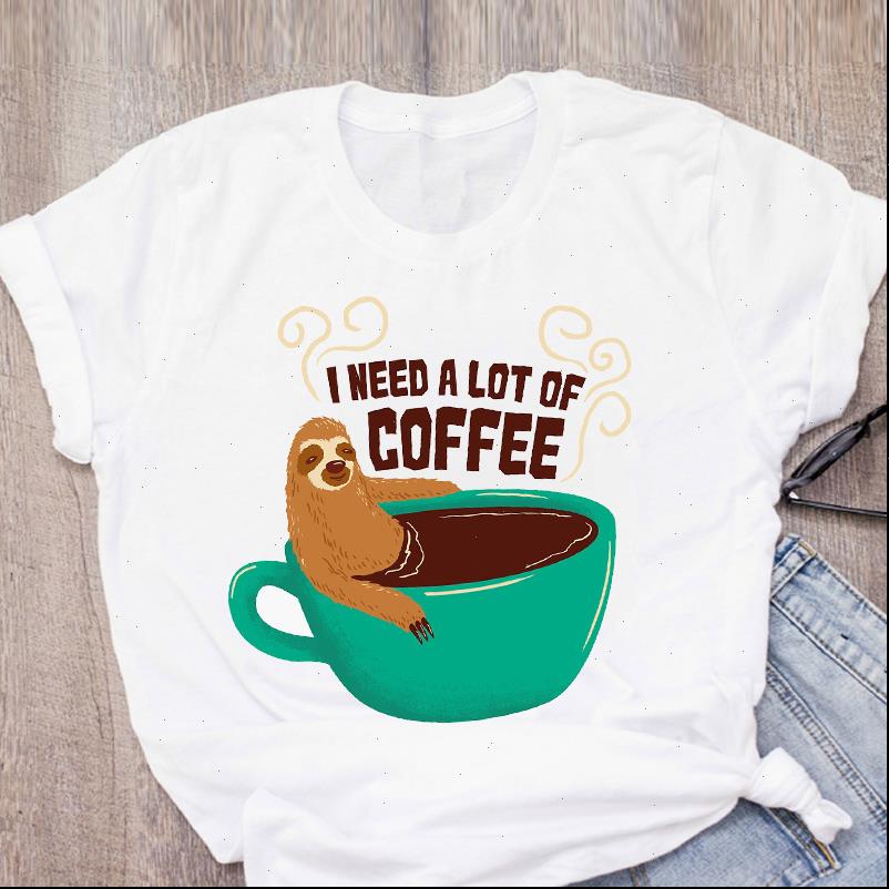 

womens t shirts women sloth coffee cute cartoon fashion short sleeve summer lady shirt clothing tees female, White