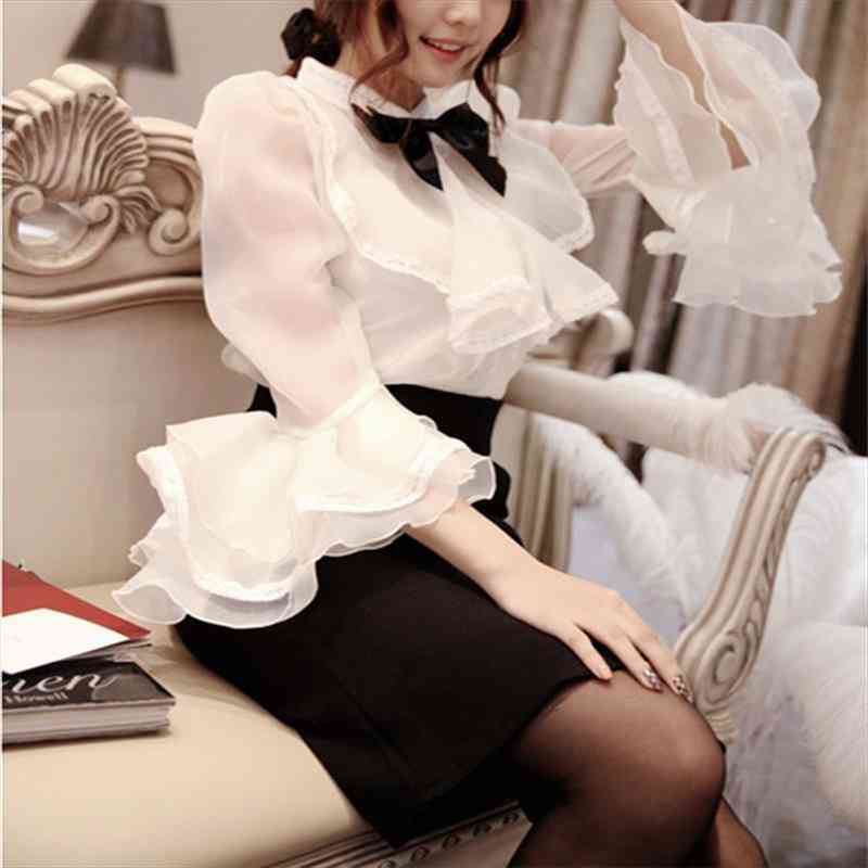

Summer Autumn Women White Blouses Tops Princess Bow Ruffles Lace Blouse Ladies Flare Sleeve Eugenia Shirt Blusas Ab904