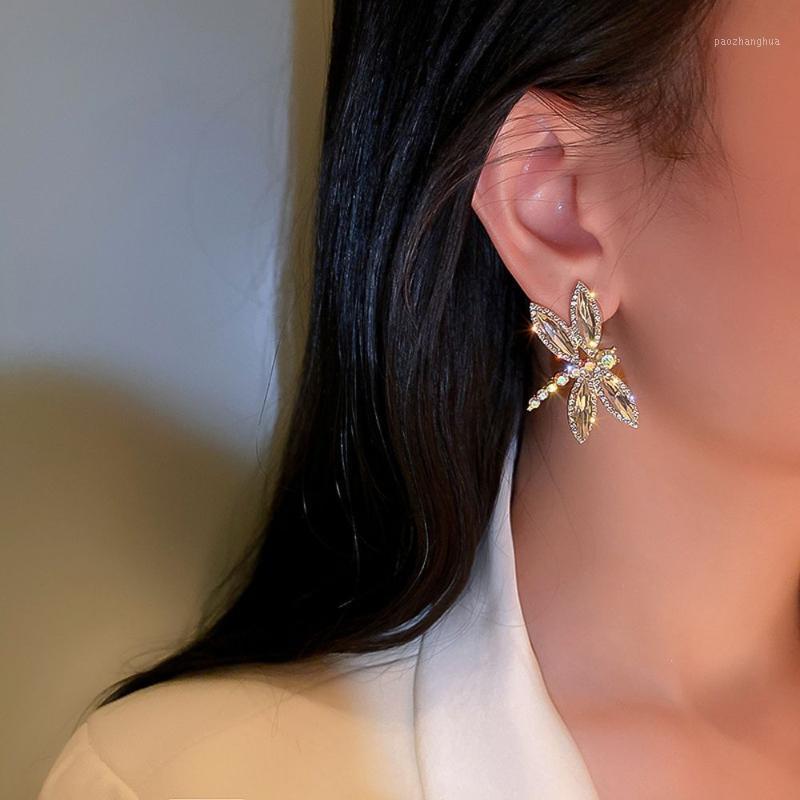 

Stud Koearn Style Fashion Trendy Girls Women Dragonfly Earrings Ear Drop Silver Needle Full Rhinestone, Golden;silver