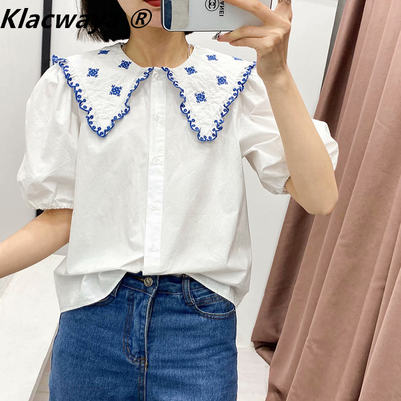 

Za Women Shirts Poplin Embroidered White Woman Summer Short Puff Sleeve Crop Top Female Cute Button Up 210521
