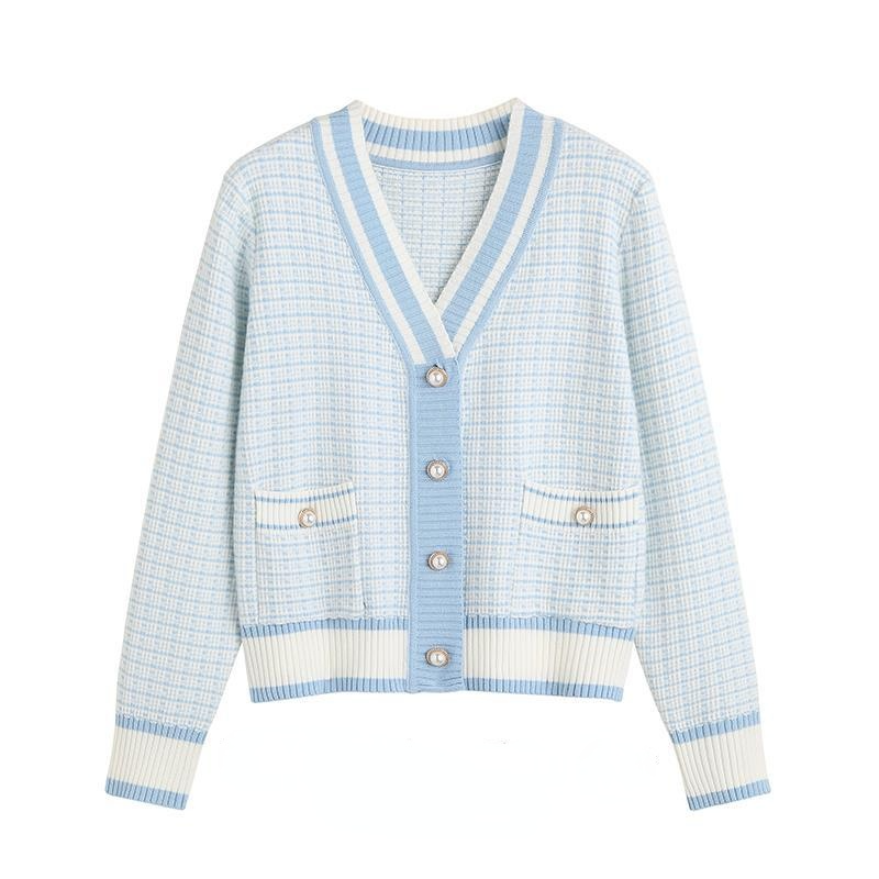 

Cardigan Women Long Sleeve Knitted Sweater Jacket Korean Fashion Women&amp#39s Autumn Jacket V-Neck Plaid Button-down Cardigan, Sky blue