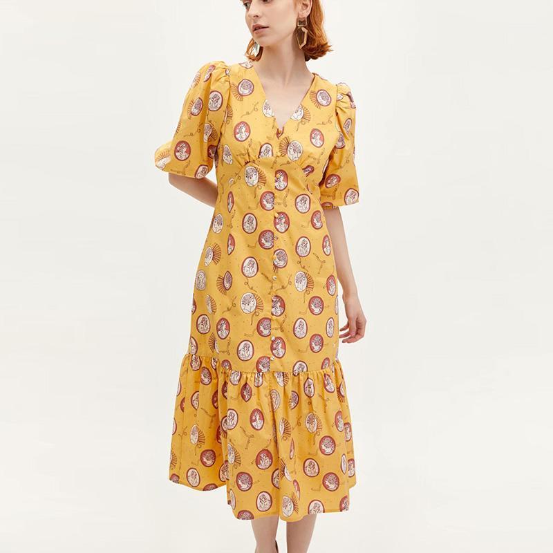 

Casual Dresses Women Summer Dress Patchwork Flower Short Sleeve Evening Party Lady Midi Sexy V Neck Elegant Female Plus Size, Yellow