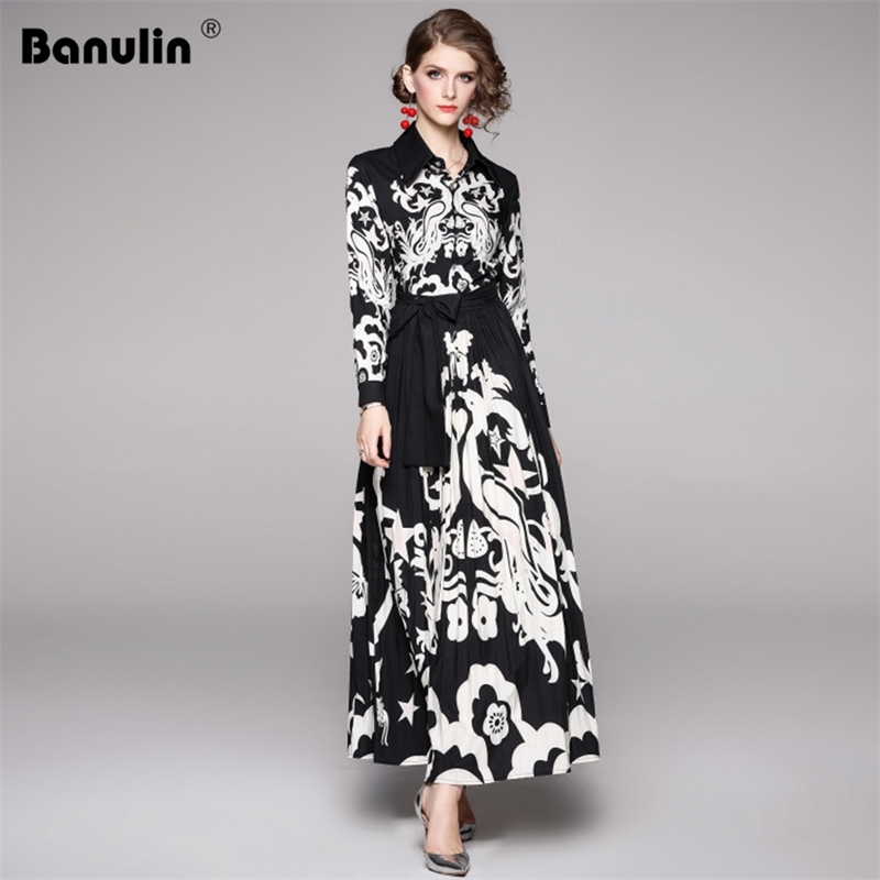 

Banulin Autumn Runway Long Maxi Dress Women High Quality Black Flowers Sleeve Big Swing Elegant Vintage Pleated 210603