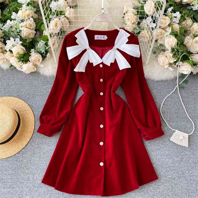 

Ladies elegant bow autumn dress fashion women o neck long sleeve single breasted a-line party mini velvet 210603, Black