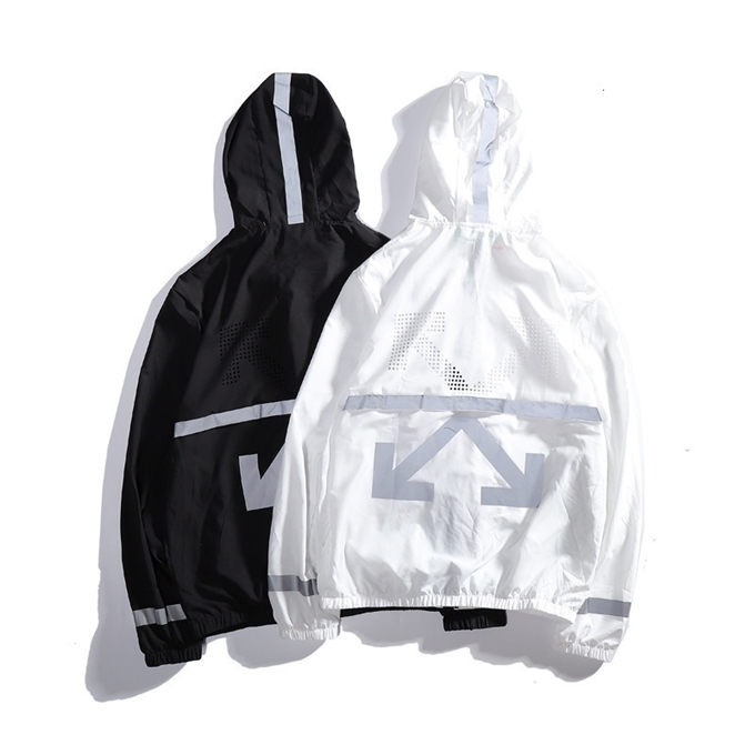 

Sweatshirts Hoodies Off Luminous Reflective Style Stripe Light Sunscreen White Hooded Windbreaker for Couples, Black