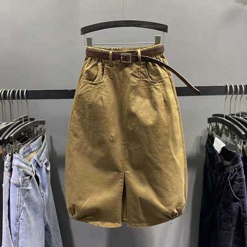 

Arrival Summer European Style Women Casual Elastic Waist A-line Skirts Split Mid-calf Cotton Denim High Waist Skirt W212 210608, Khaki-02