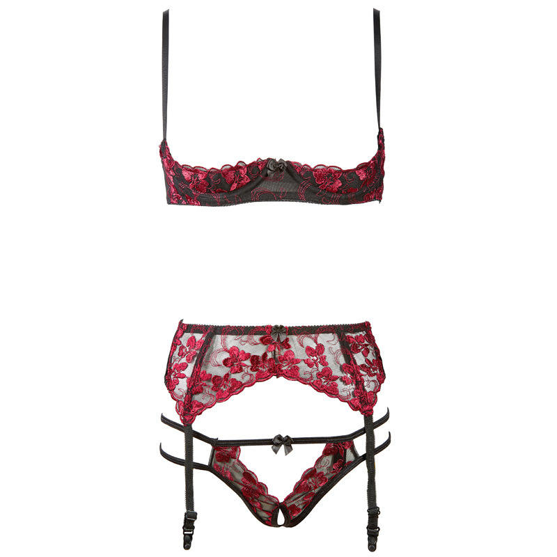 

1/4 Cup Underwire Open Cup Bra Panty Underwear Set Women's Lace Embroidery Open Crotch Panties Sexy Hot Lingerie L0407, Red;black