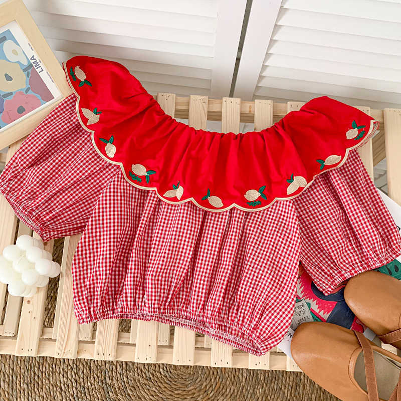 

LY VAREY LIN Summer Women Sweet Slash Neck Plaid Embroidery Fruits Short Shirts Casual Puff Sleeve Fashion Female Tops 210526, White