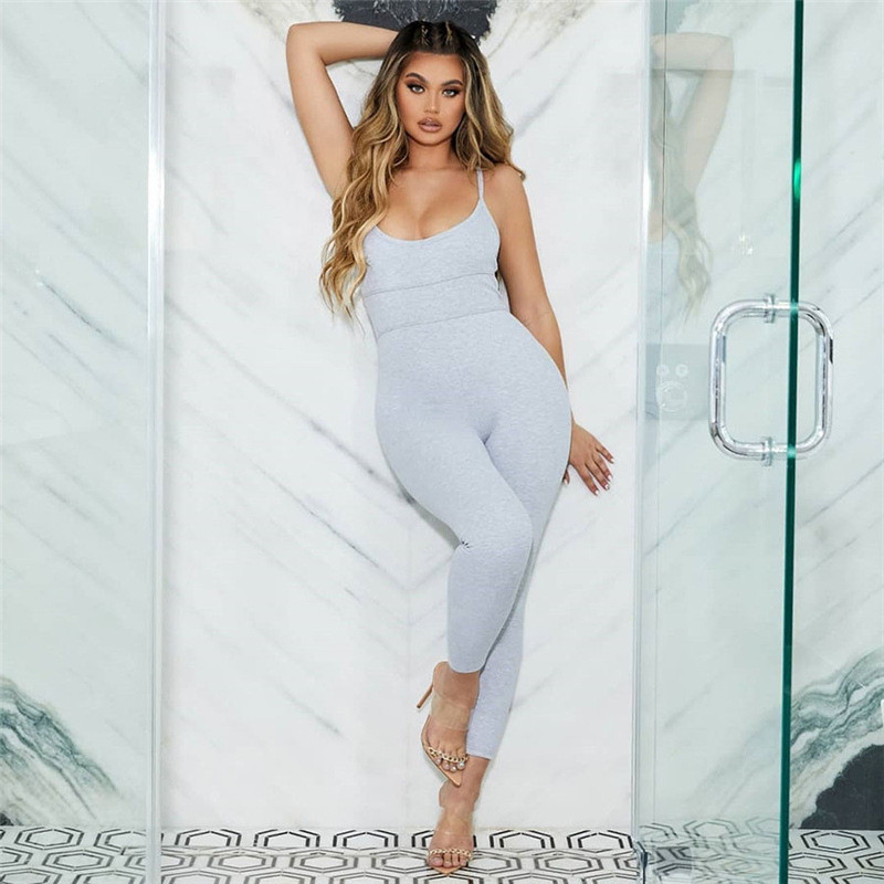 

casual strap women long jumpsuits 2021 active solid slim skinny backless sleeveless workout overalls sportswear jumpsuit, Black;white