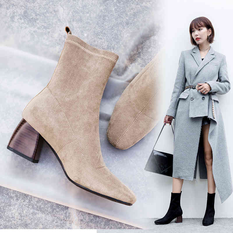 

Boots Vangull Women British style flock velvet stretch boots casual fashion internal leather European and American all match V2C2, Black