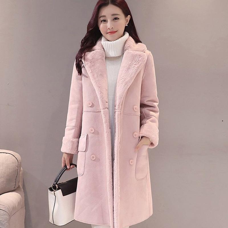 

Women' Trench Coats Women Suede Fur Coat Thick Warm Faux Sheepskin Long Casual Female Overcoat 2021 Winter Fashion Solid Outerwear M132, Pink