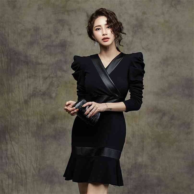 

Han edition autumn charm elegant unsurpassed splicing crochet v-neck hubble-bubble sleeve package buttocks fishtail dress 210602, Black