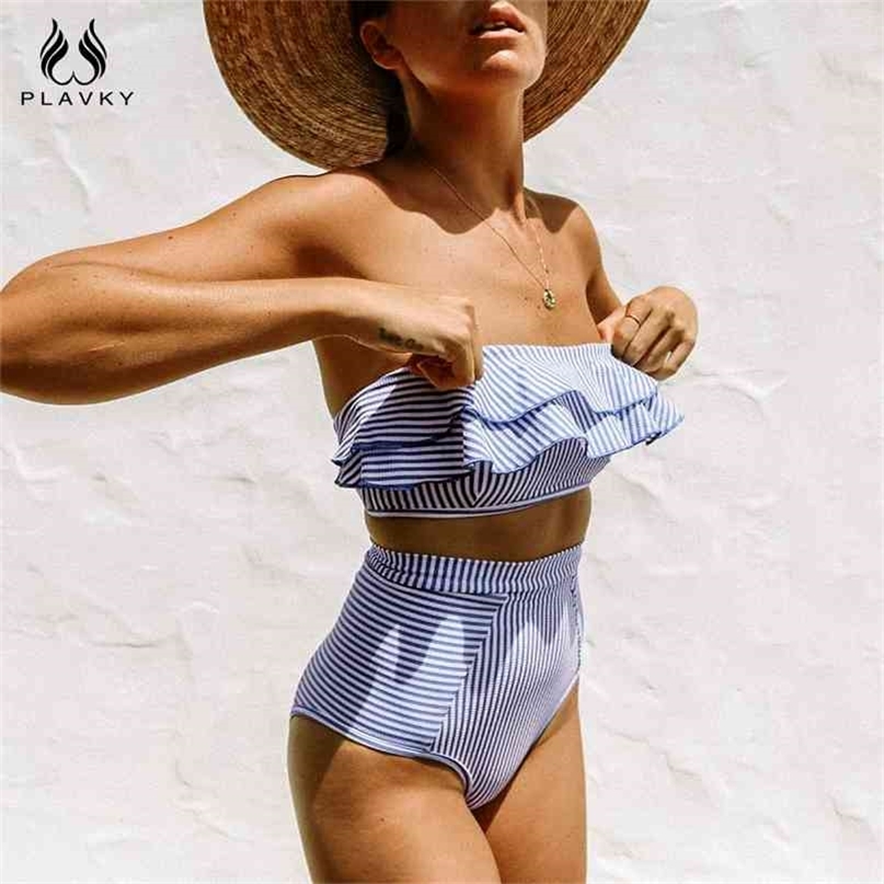 

Sexy Retro Blue White Striped Bandeau High Waist Bikini Lady Swimwear Women Swimsuit Female Ruffle Ruched Swim Bathing Suit 210702, Orange striped