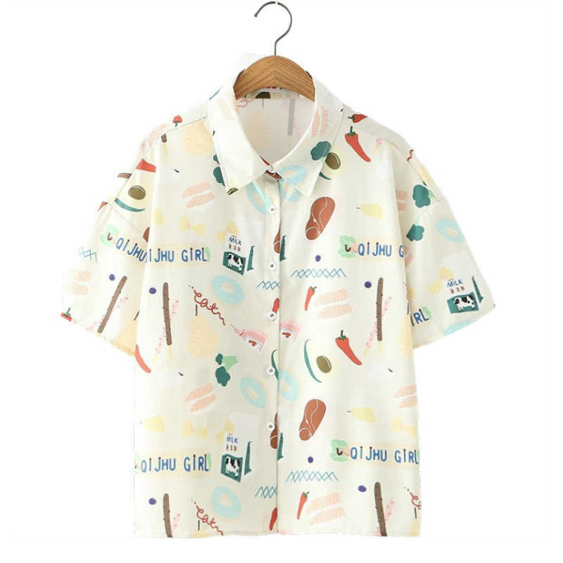 

Merry Pretty Women Cartoon Print White Blouses Summer Short Sleeve Turndown Collar Shirts Womens Tops And 210526