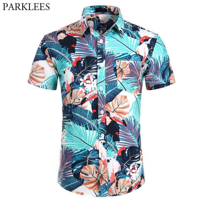 

Mens Hawaiian Shirt Fashion Casual Camisa Masculina Floral Bird Printed Beach Shirt Men Short Sleeve Shirts Male Chemise 210524, Blue
