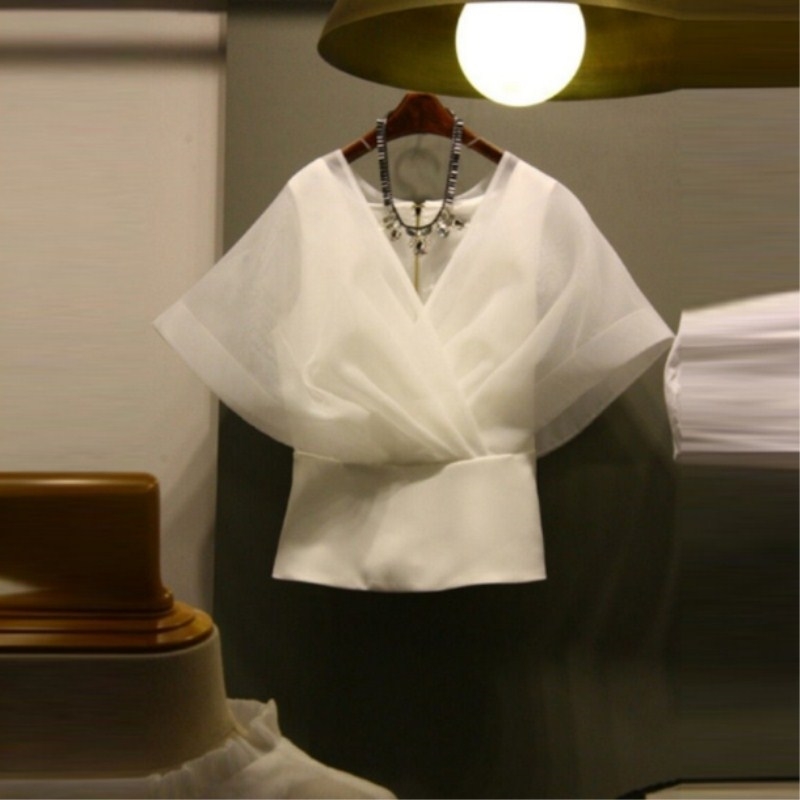 

Korean Version Office Lady Shirts Summer Temperament Elegant V Collar Sleeve Veil Splice Short Shirt 210615, White