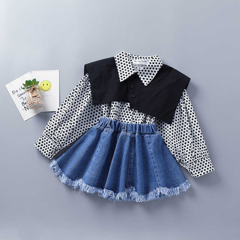 

2-7 Years High Quality Spring Girl Clothing Set Fashion Casual Dot Shirt + Skirt Kid Children Girls 210615, Black