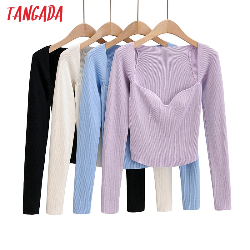 

Tangada 2021 autumn women solid thin sweater long sleeve elegant office lady knitted jumper tops 4P2, Black