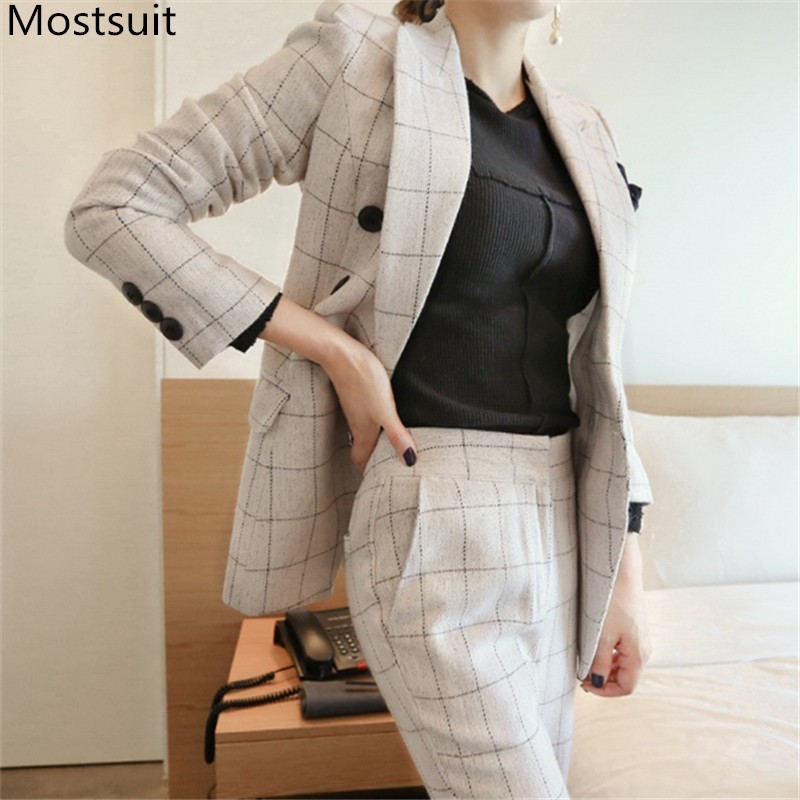 

Office Plaid Two Piece Pants Suit Set Women Spring Double-breasted Blazer + Ankle-length Workwear Outfit Matching 210518, Light grey