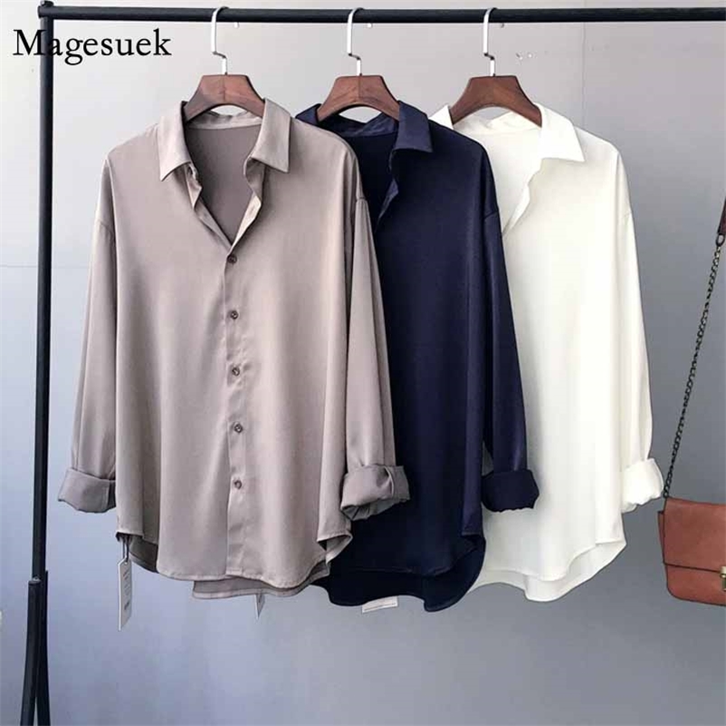 

Fashion Korean Style Loose Vintage Long-Sleeved Blouse Women Solid Cardigan Tops Turn-down Collar Shirts Blusas 11005 210518, Blue