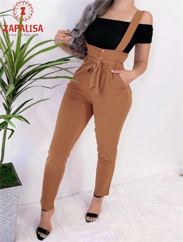

Women's Pants & Capris Zapalisa Slim Hips High Waist Halter Overalls Fashion Solid Color Patchwork Button Pocket Decor Sashes Bandage Women, Black;white
