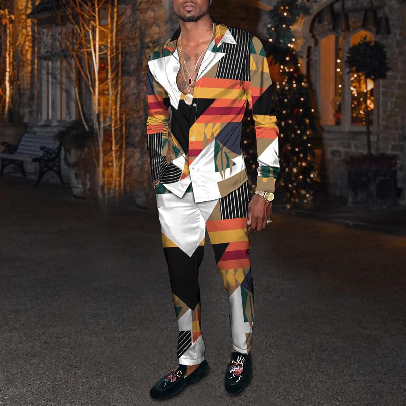 

Men' Tracksuits Autumn 2021 Casual Wear Suit Male 3dpolygonal Diamond Printing Long-sleeved Lapel Button Cardigan+trousers Two-piece, Ttb4-60