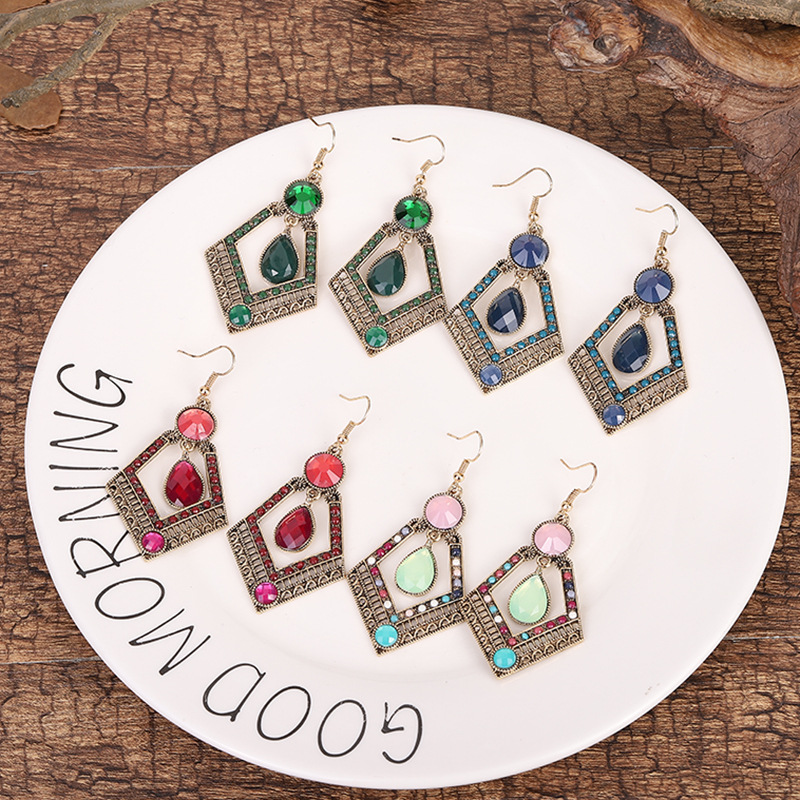 

Rhombus Geometric Earrings Green Water Drop Crystal Stone Gold Color Alloy Dangle Earrings For Women Girls Boho Summer Jewelry