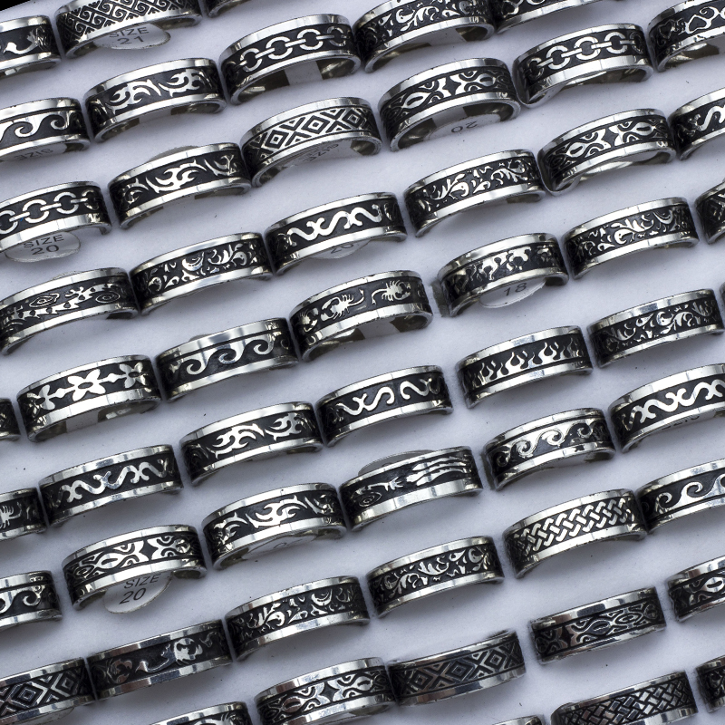

24 Pieces/lot Vintage Retro Style Stainless Steel Rings For Men and Women Fashion Carved Ring WholeSale