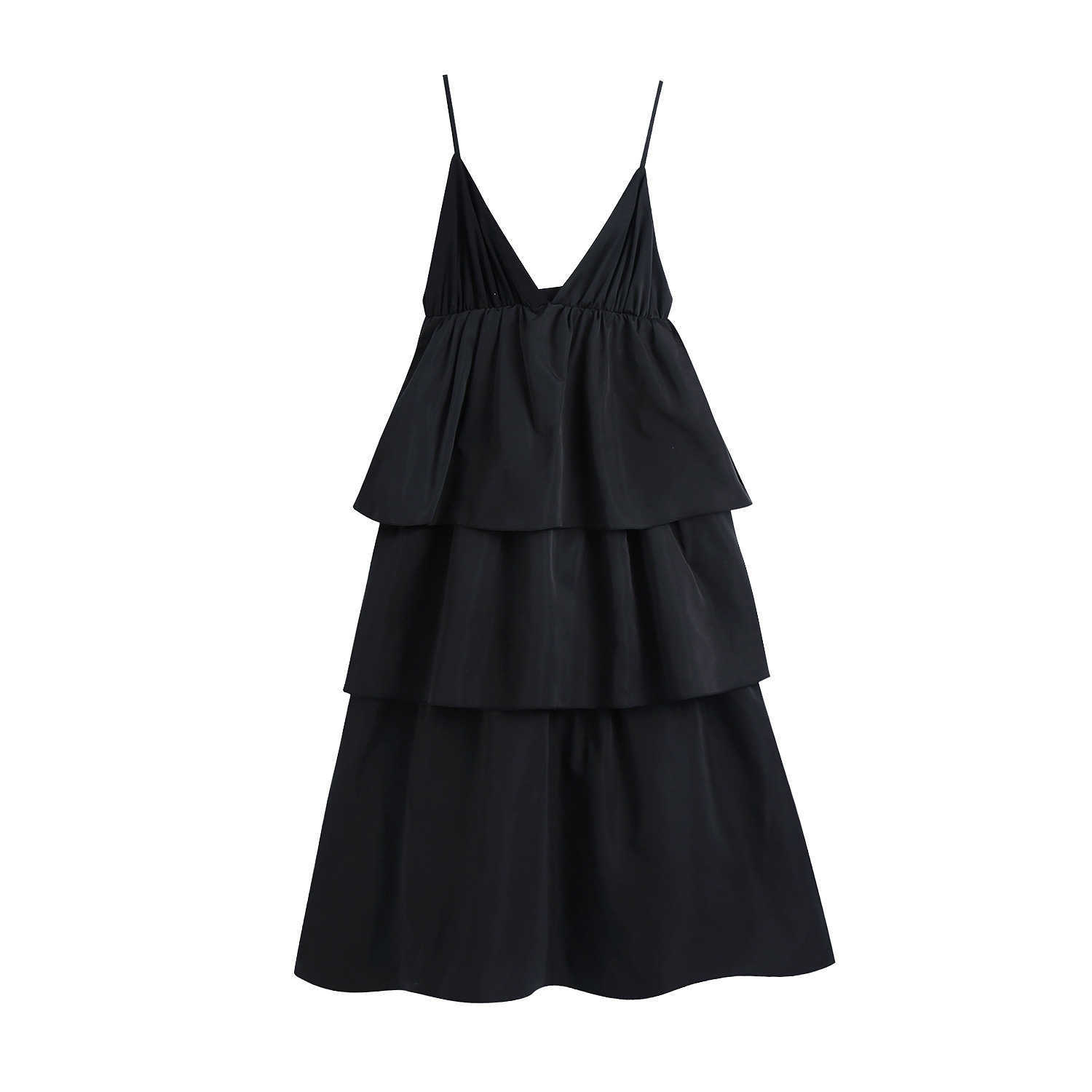 

Summer Sexy Dress Women Holiday Style Three Layer Cake Sling Ruffles Sleeveless Shoulder Straps Black 210607