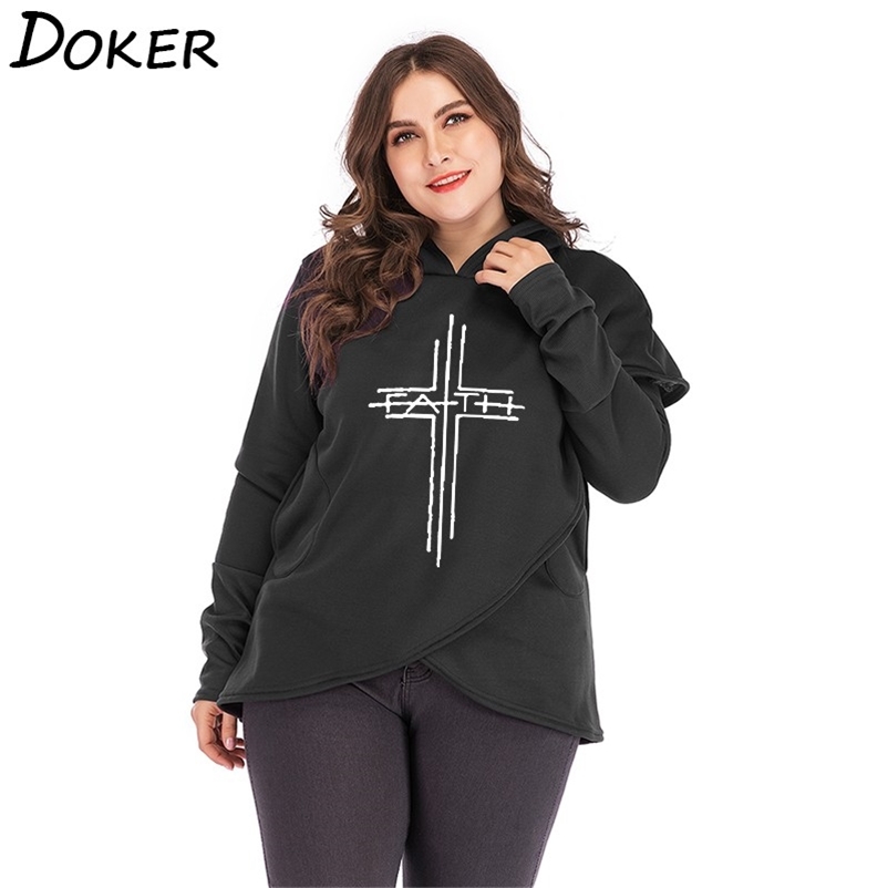 

Faith Print Hoodies Sweatshirt Autumn Winter Warm Long Sleeve Oversized Pullovers Female Fashion Casual Hoody Tops 210604, Gray