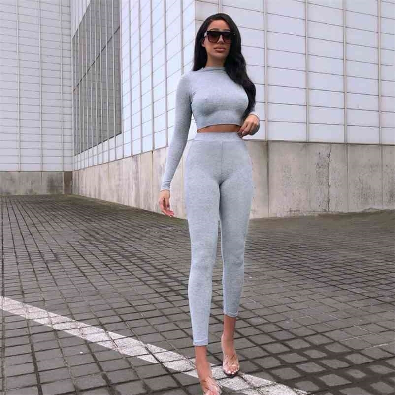 

Women High Elastic Waist Long Pants Open Navel Sleeve T-shirt Two Piece Set Fashion Spring Summer 11B444 210525, Light gray