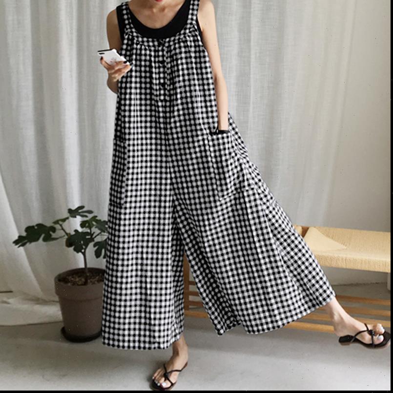 

vintage plaid fashion wide leg womens jumpsuit pants sleeveless casual loose plus size overall 5xl, Black;white