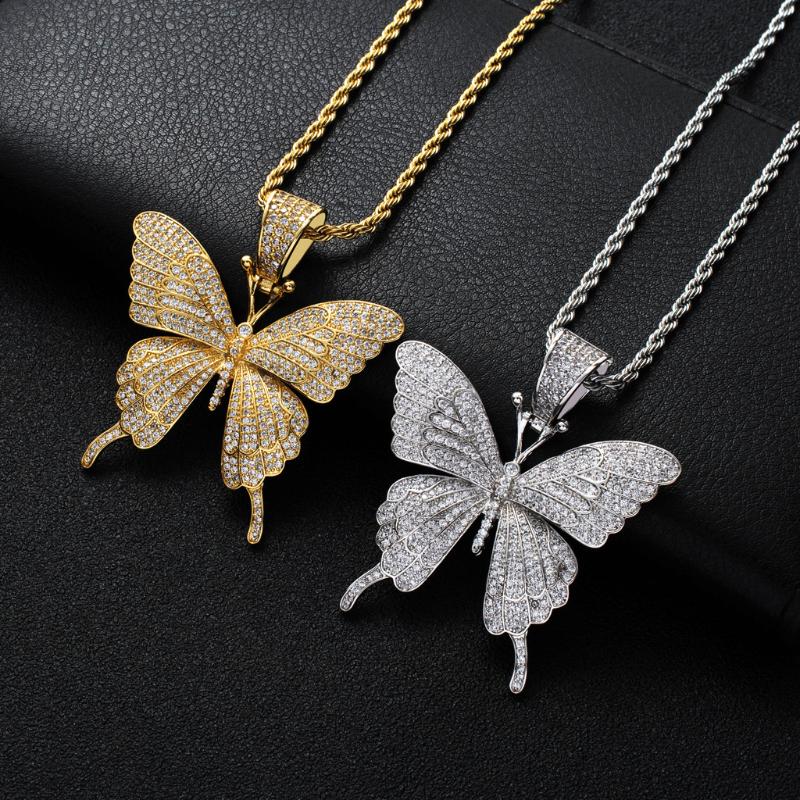 Pendant Necklaces Beautiful Butterfly Gilded Iced Out Cubic Zircon Necklace 24&#039;&#039; Chain Charms Bling Hip Hop Jewelry-image-711760819