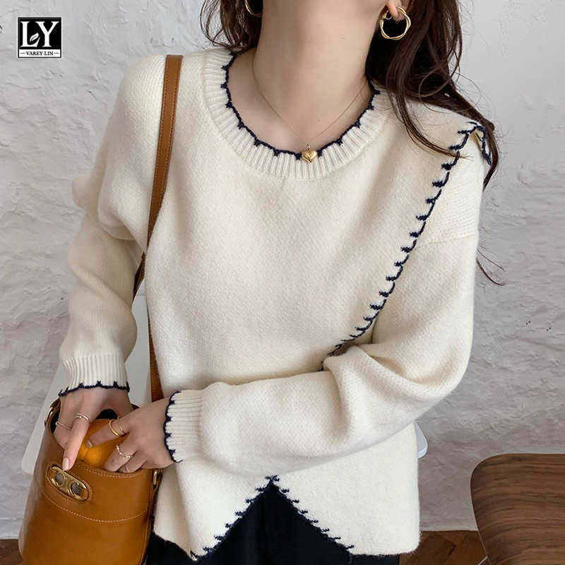 

LY VAREY LIN Autumn Women O-neck Contrast Loose Split Long Sleeve Pullover Fashion Knitwear Tender Casual Office Lady 210526, Beige