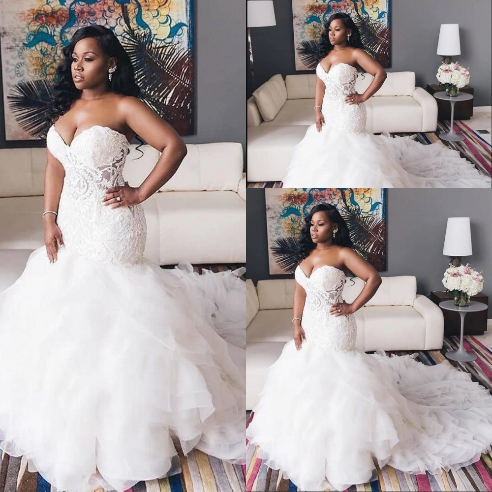 

2021 Sexy African Mermaid Wedding Dresses Sweetheart Illusion Lace Appliques Crystal Beaded Ruffles Tiered Organza Formal Bridal Gowns Plus Size, Ivory