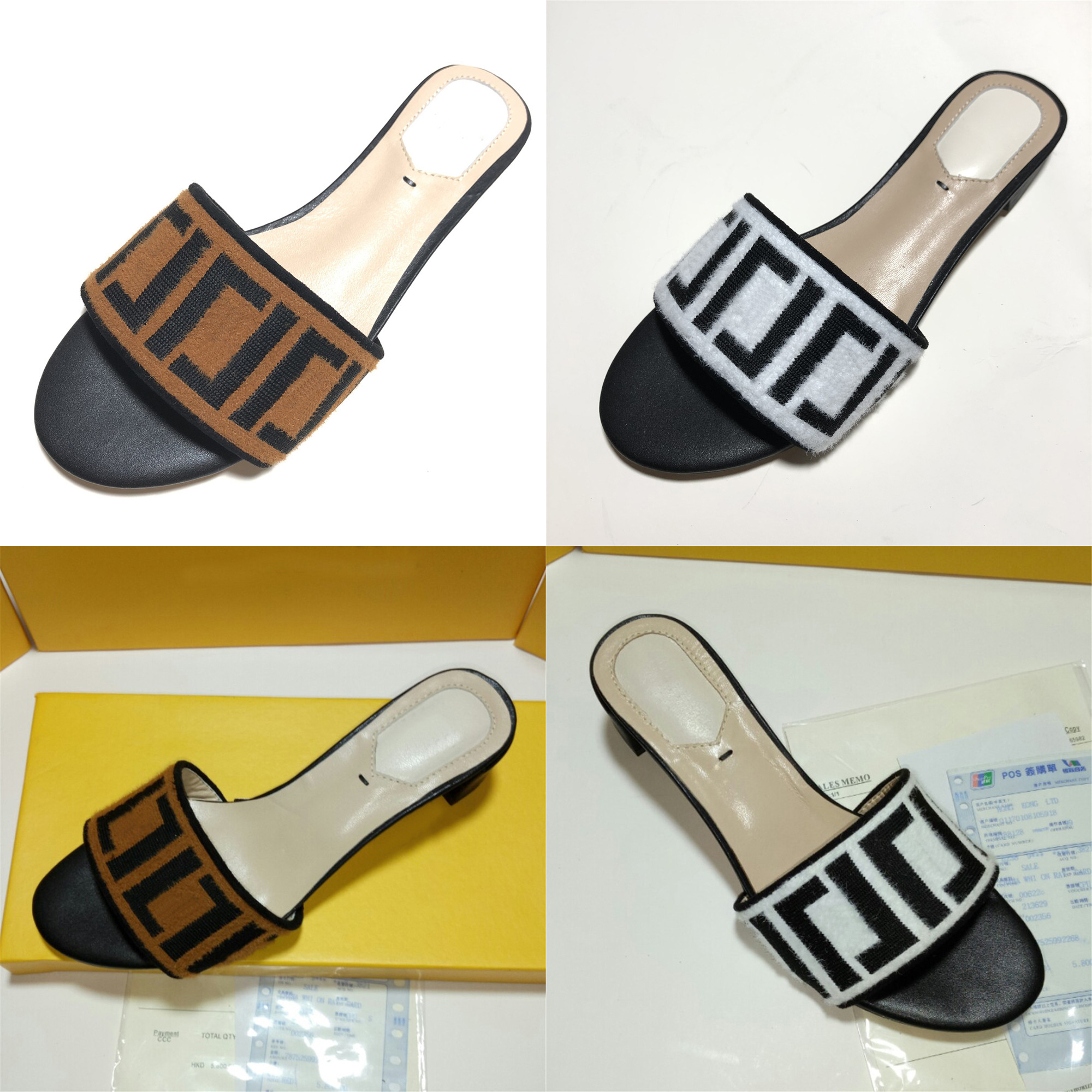 

2021 Brown Open Toe Flat Velvet Slides Wmns Mule Heeled Sandals Women Black White Heel Slippers Size 35-42